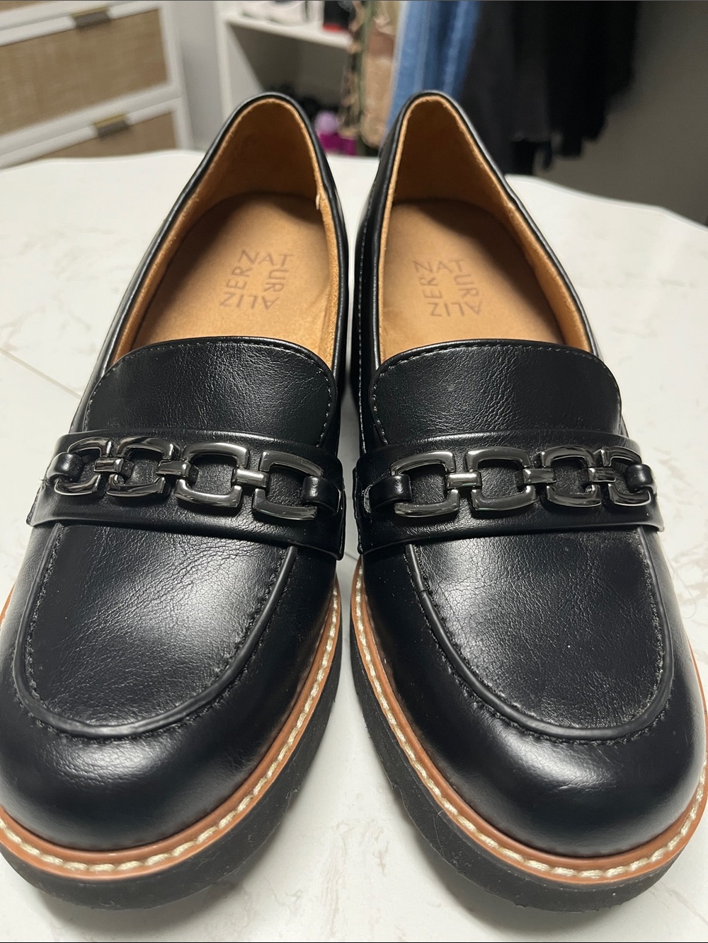 Naturalizer Black Leather Loafers with Chain Detail